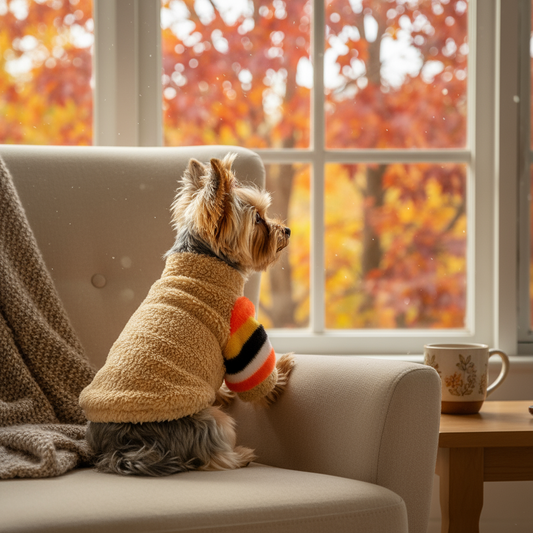 Yorkshire Terrier by window wearing sweater