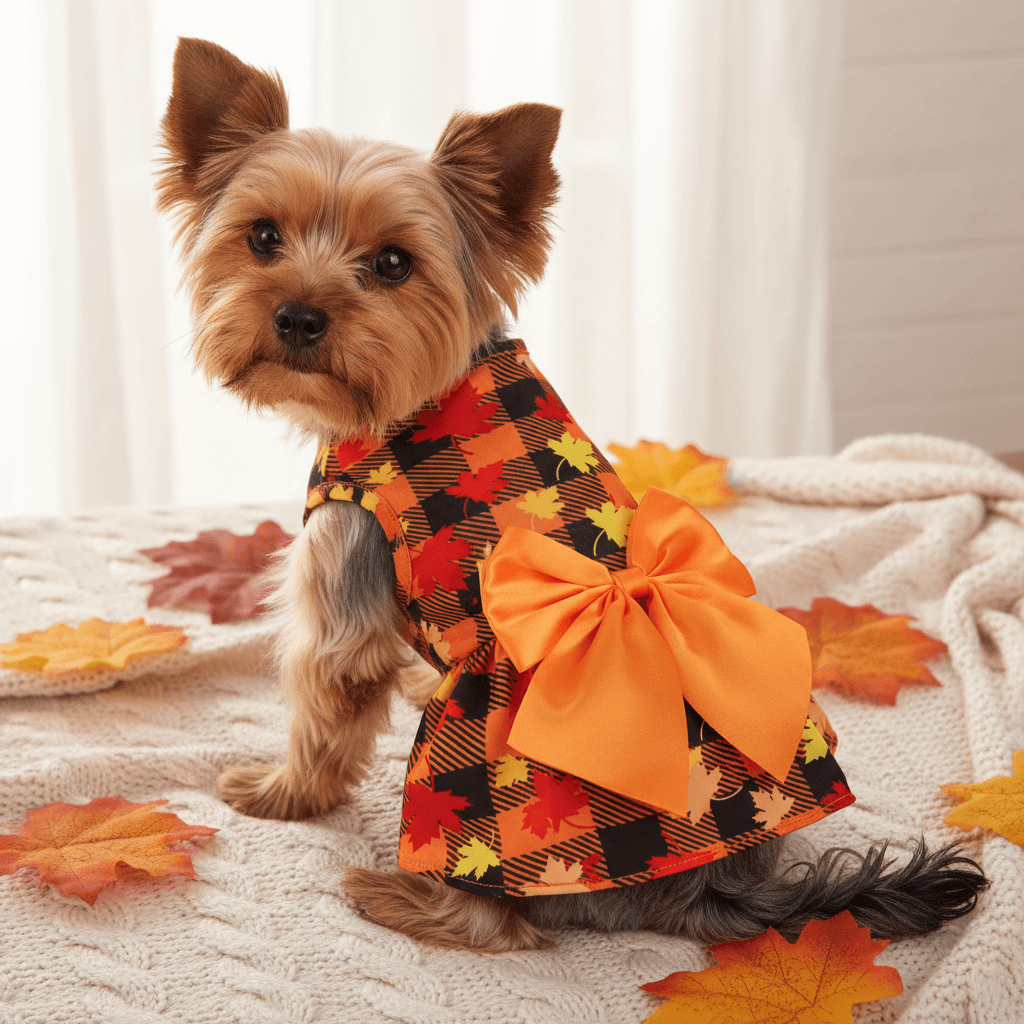 Autumn Plaid Puppy Dress – Maple Style on a small dog with orange bowtie among autumn leaves.