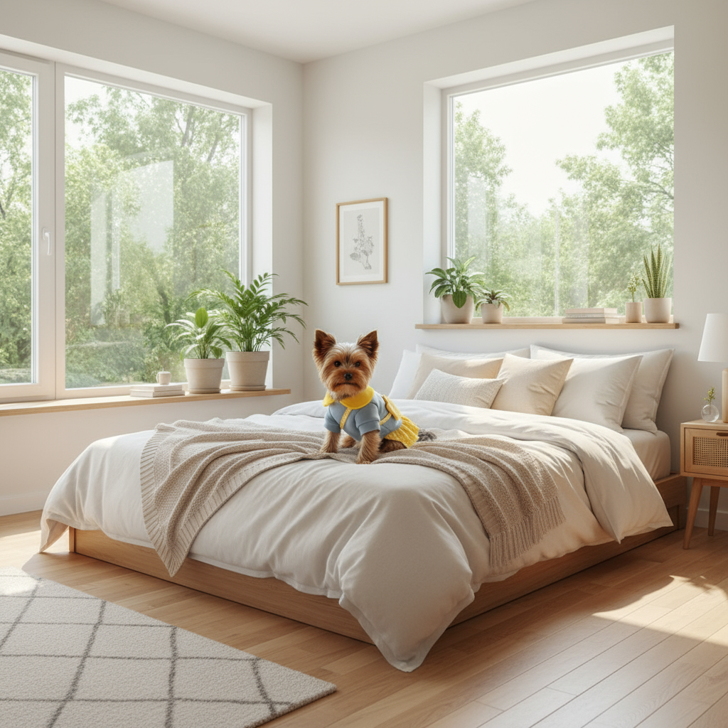 Yorkshire Terrier in moderne slaapkamer
