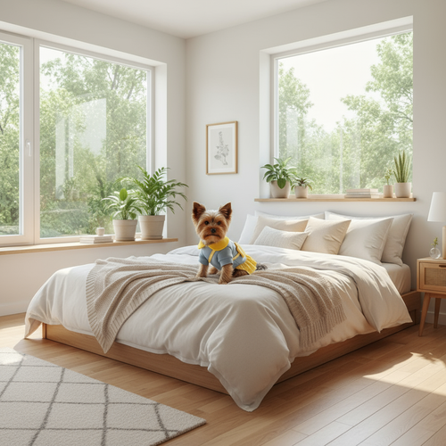 Yorkshire Terrier in moderne slaapkamer