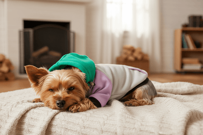Dog in a fleece-lined dog hoodie lounging on a cozy blanket indoors, showcasing a green and purple color-blocking design.